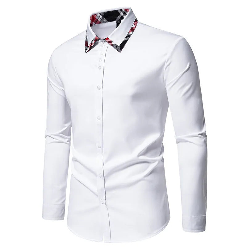 Men's plaid long sleeve shirt with a triangle collar in blue, showing contrast colour detail.