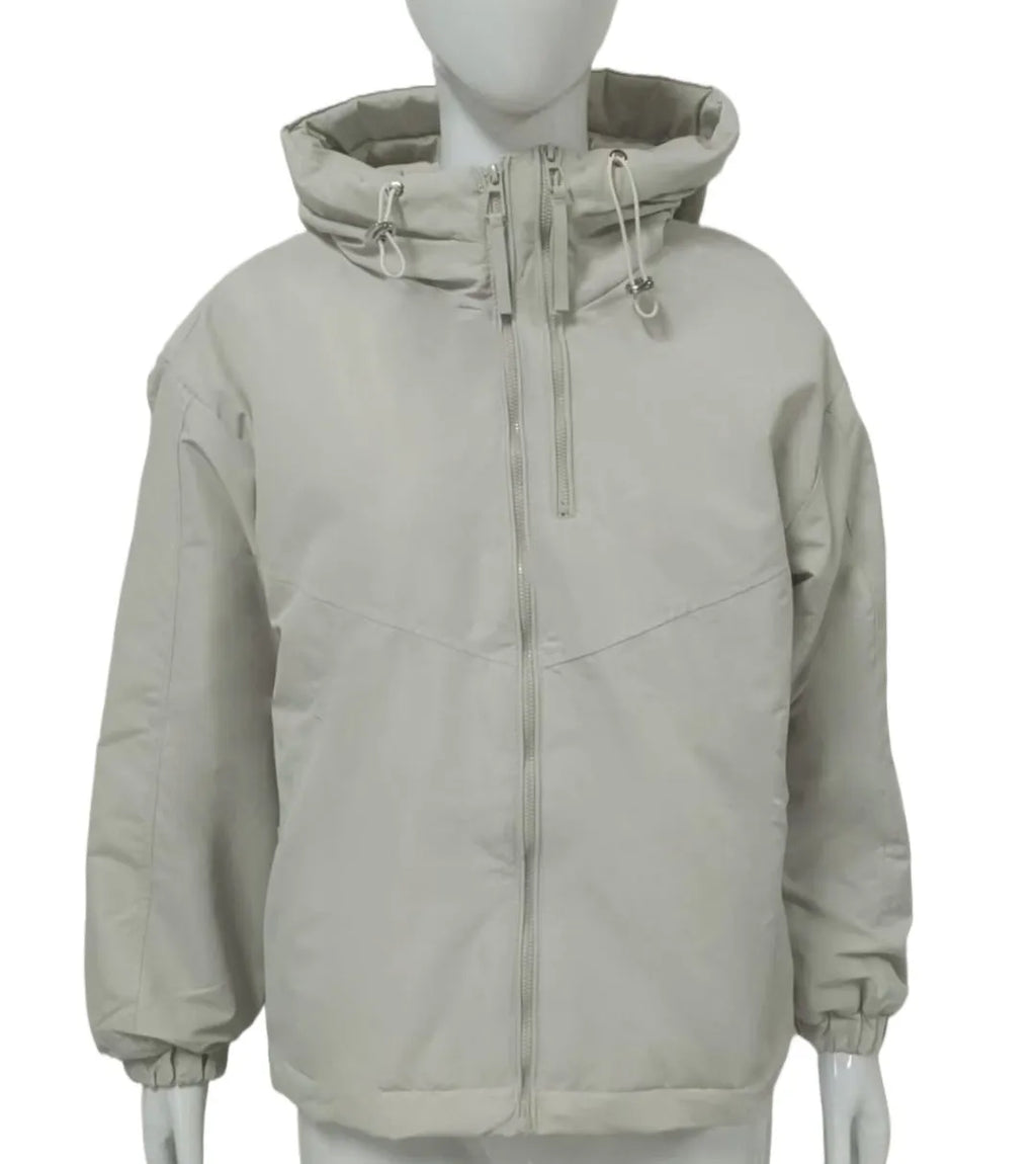 Women's grey loose-fit hooded polyester jacket with full zip and long sleeves.