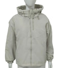 Women's grey loose-fit hooded polyester jacket with full zip and long sleeves.