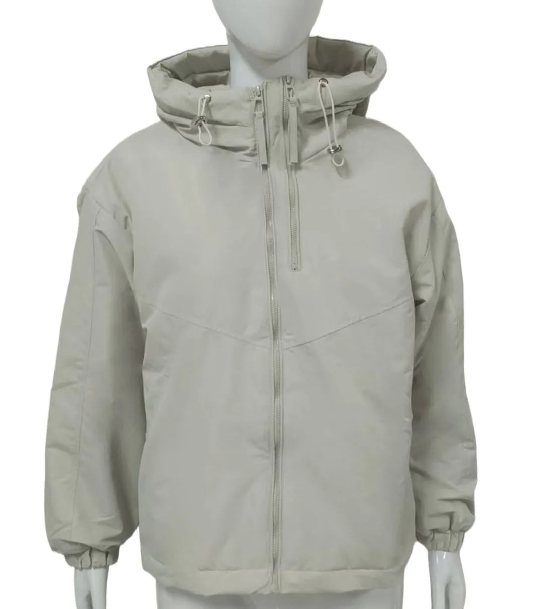 Women's grey loose-fit hooded polyester jacket with full zip and long sleeves.