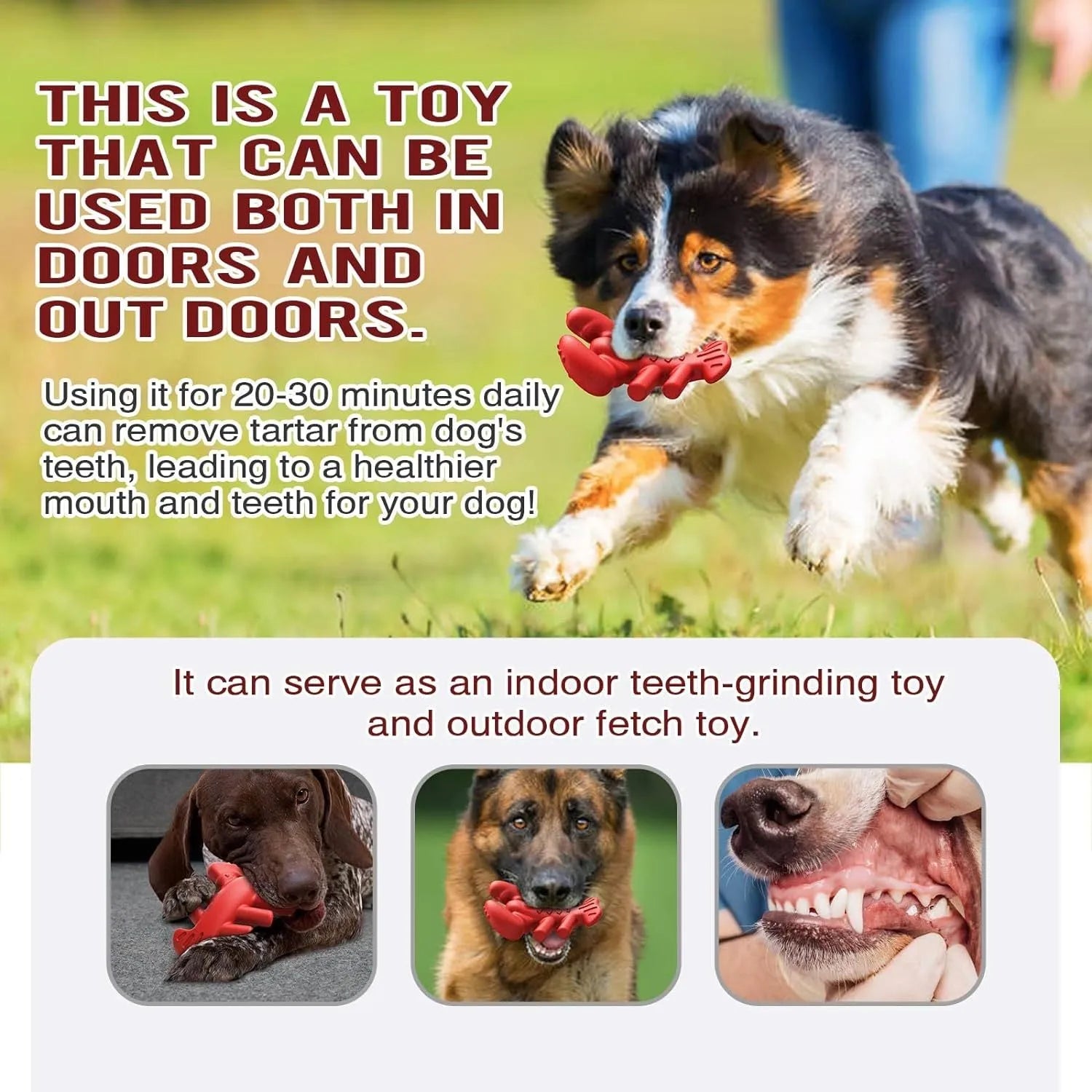 Red durable dog chew toy for large aggressive chewers, shown with size dimensions.