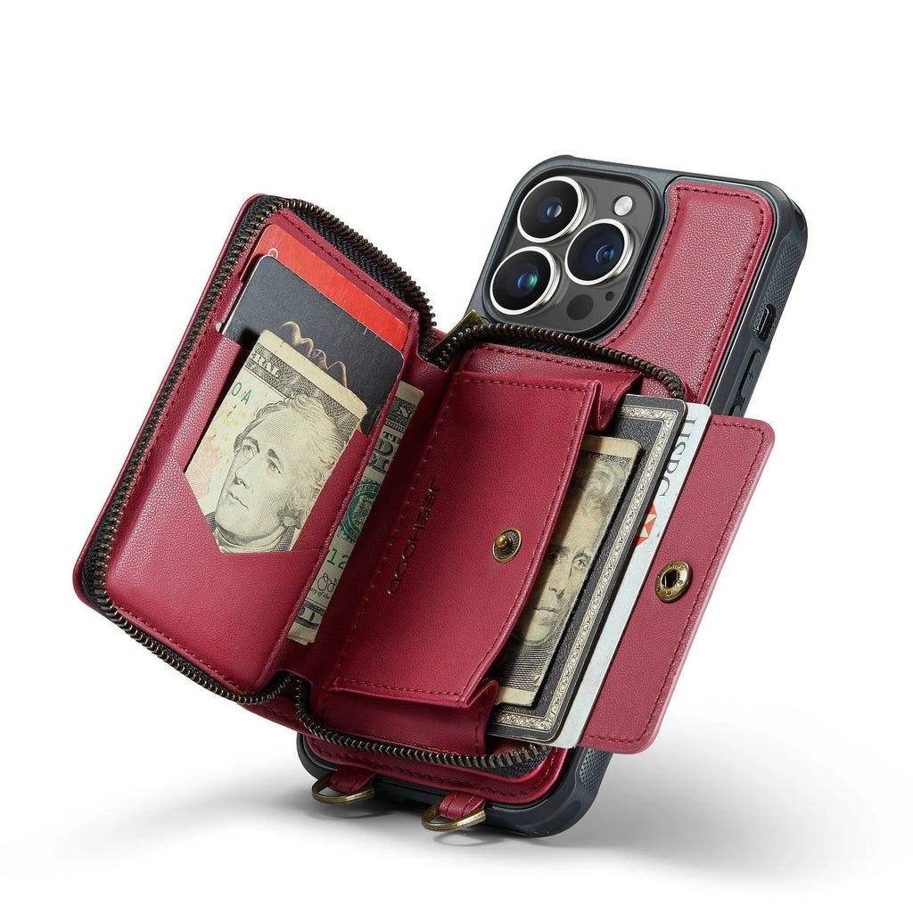Wallet phone case with card holder for iPhone in black, showing bracket stand and card slots