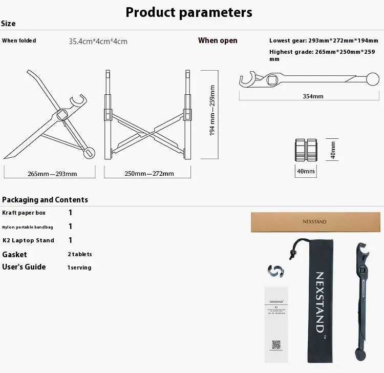 Black foldable portable laptop stand shown with its nylon carry bag and gaskets