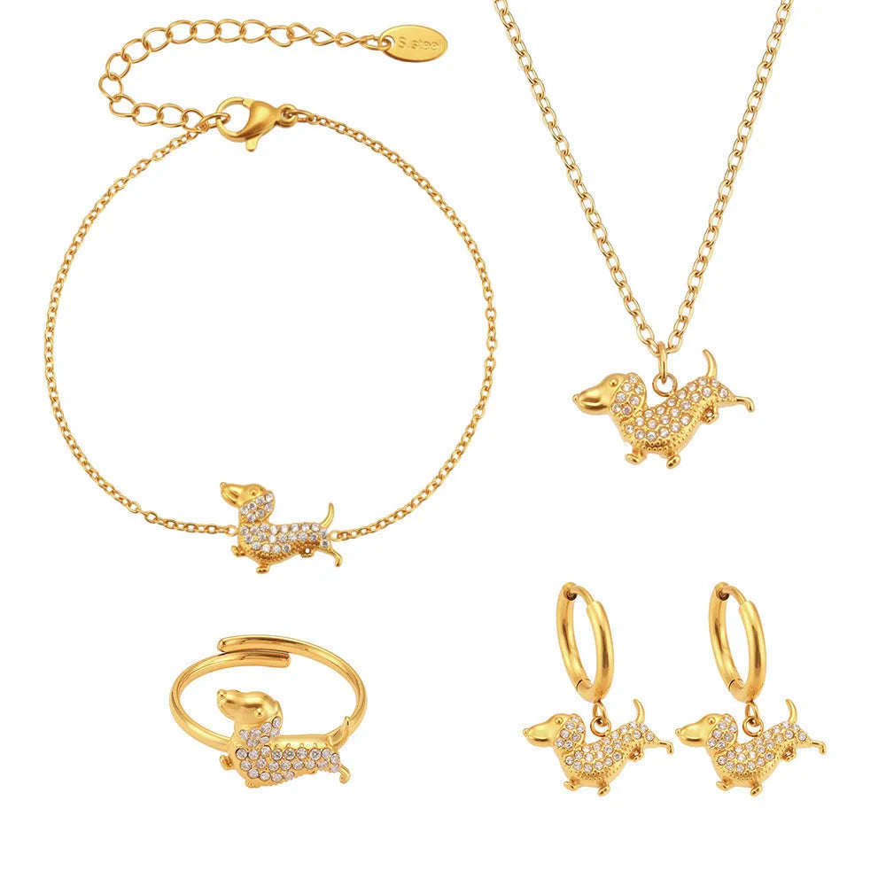 Gold puppy zircon Chinese zodiac dog bracelet made from titanium steel with full zirconium finish chain pattern