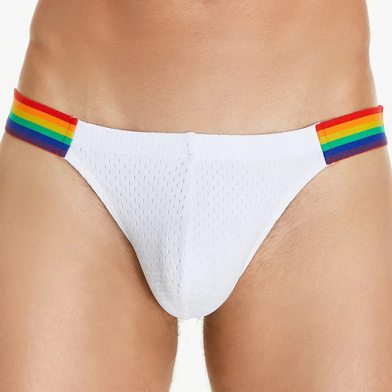 Men's low waist nylon mesh briefs with rainbow waistband in black, white, and dark blue solid colours