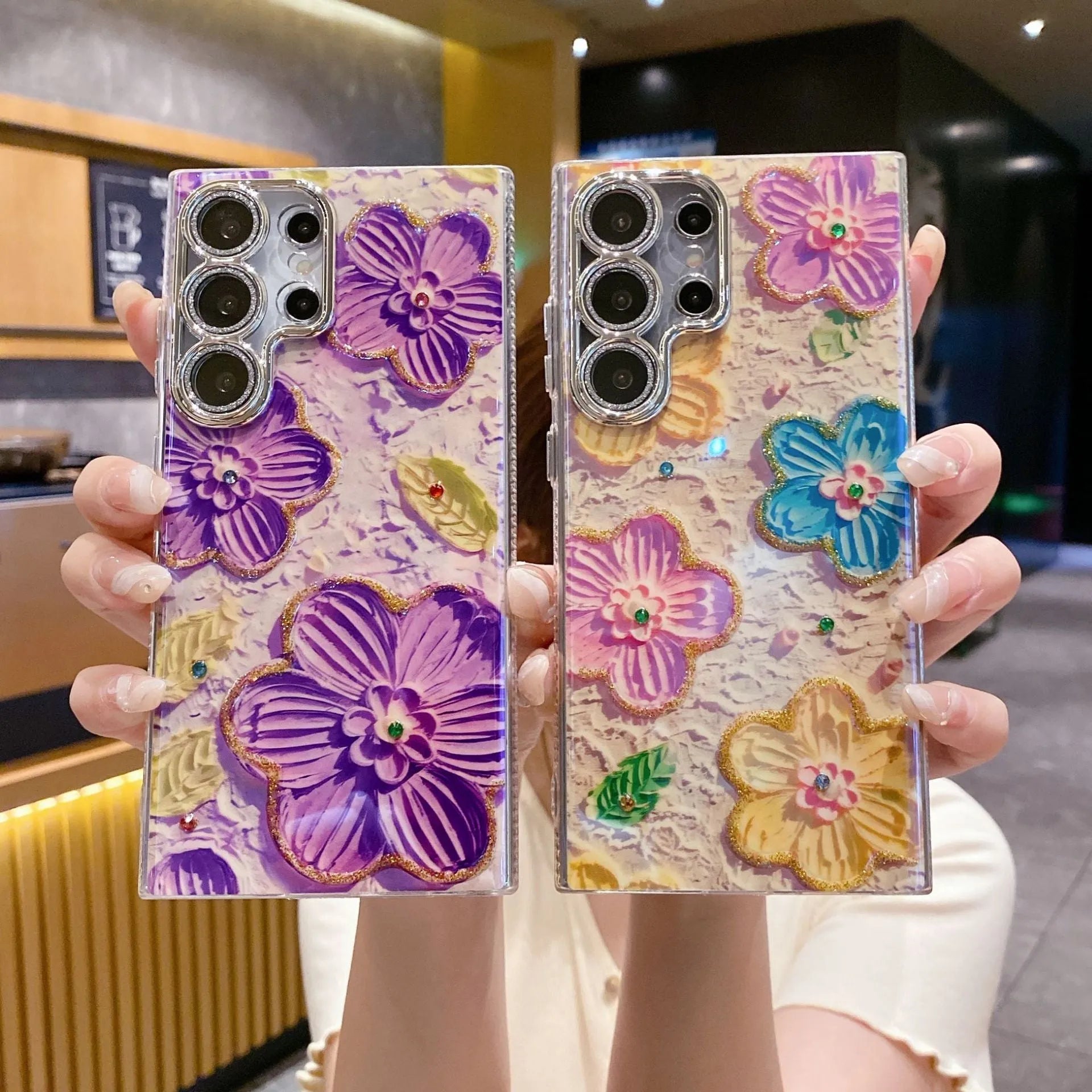 Rhinestone oil painting flower phone case for Samsung in purple large flower design with TPU acrylic back cover