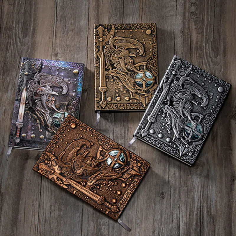 Creative retro A5 leather notebook with embossed 3D warriors relief design, shown open.