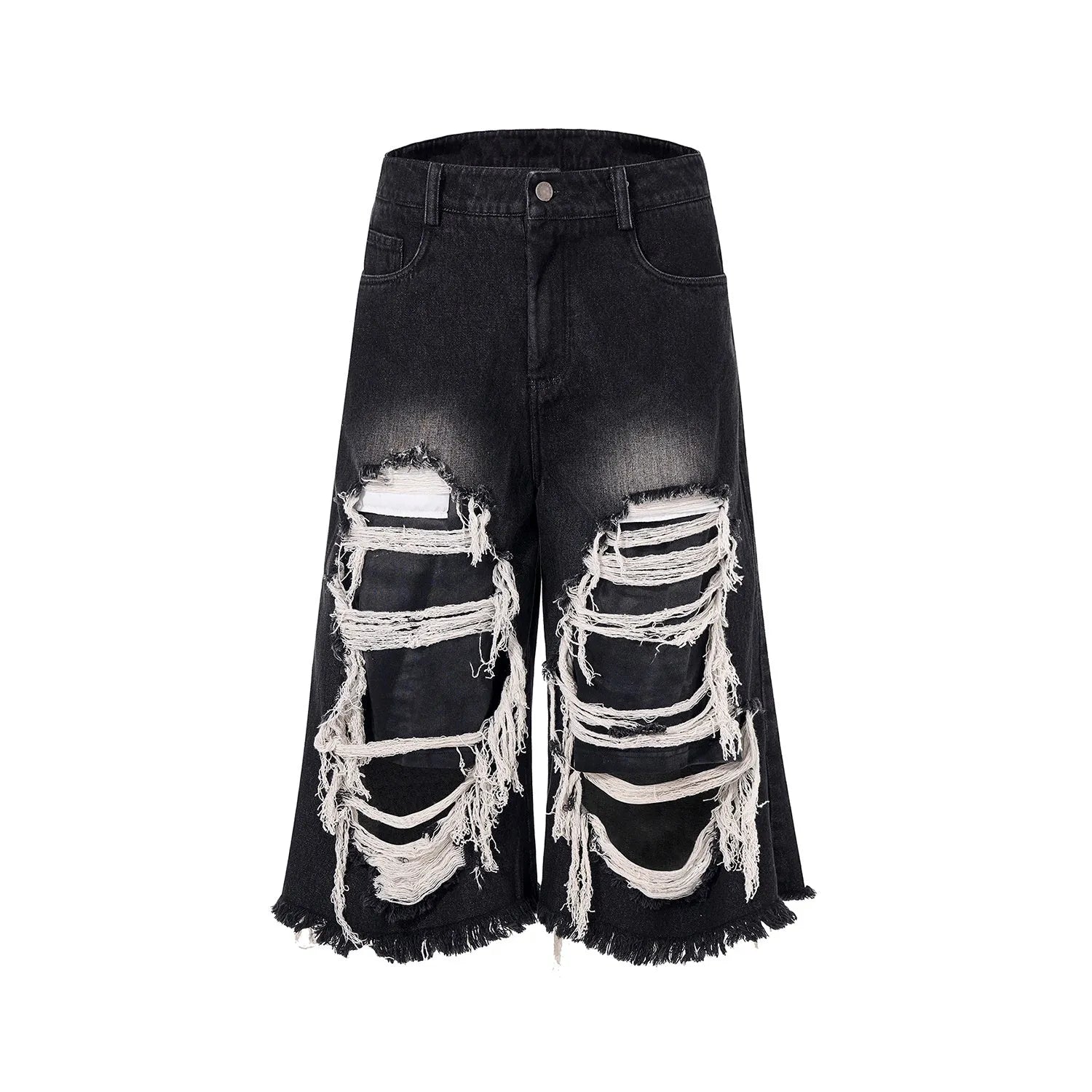 Black wide leg cropped jeans with distressed patch details on the legs, showing a mid-high waist.