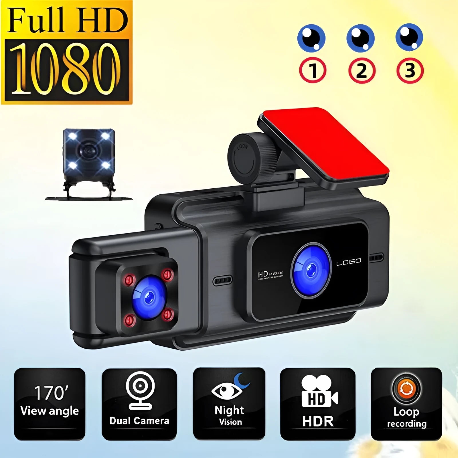 Black 3 lens video driving recorder for car windscreen with 3-inch screen