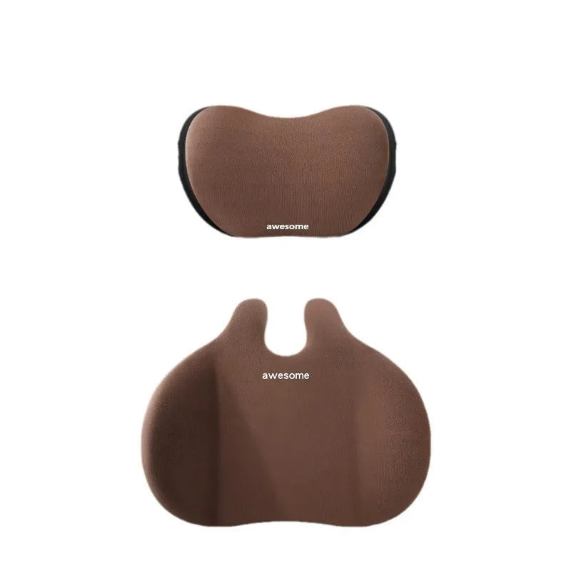 Black cloth headrest pillow and matching lumbar support pillow for car seats.