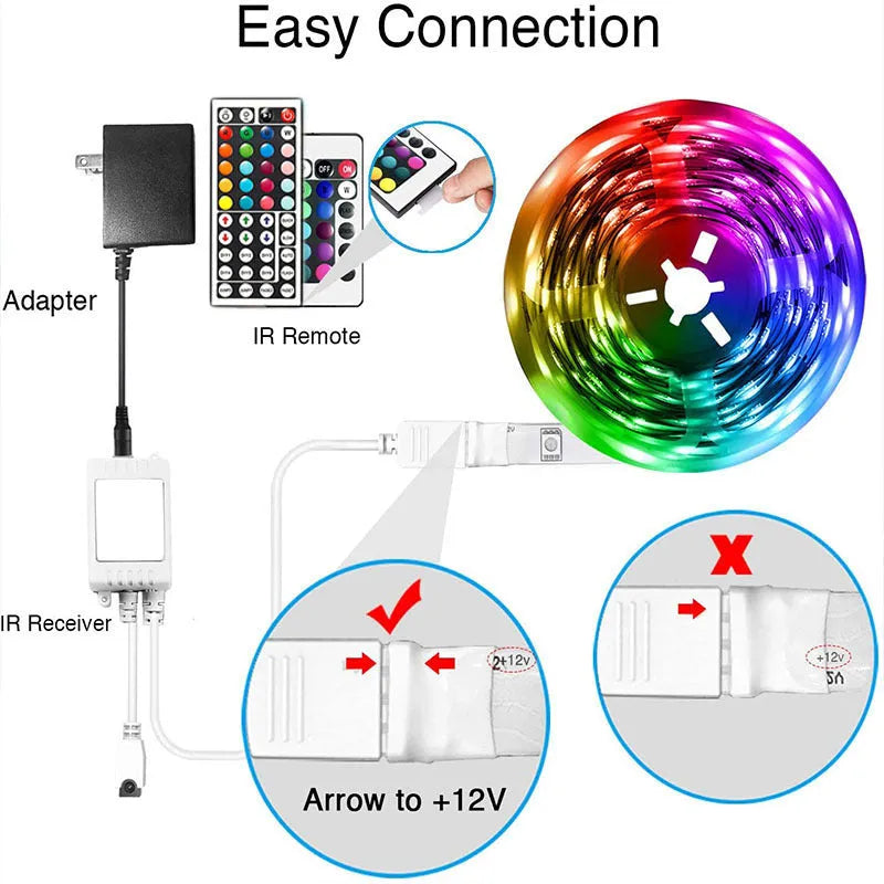 Flexible RGB LED light strip with Bluetooth remote on a 12V power supply, showing IP65 waterproof option.