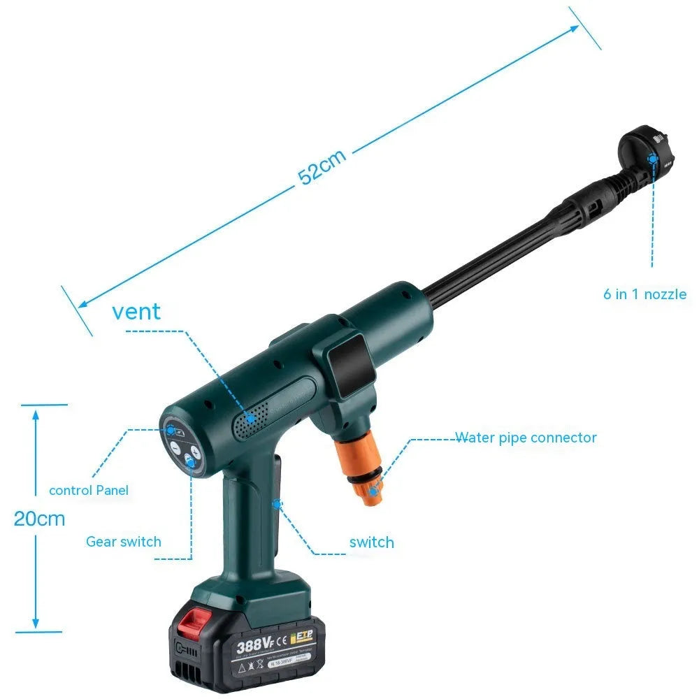 Brushless water gun with stainless steel head for car washing, 18V battery power, 25 metre spray distance