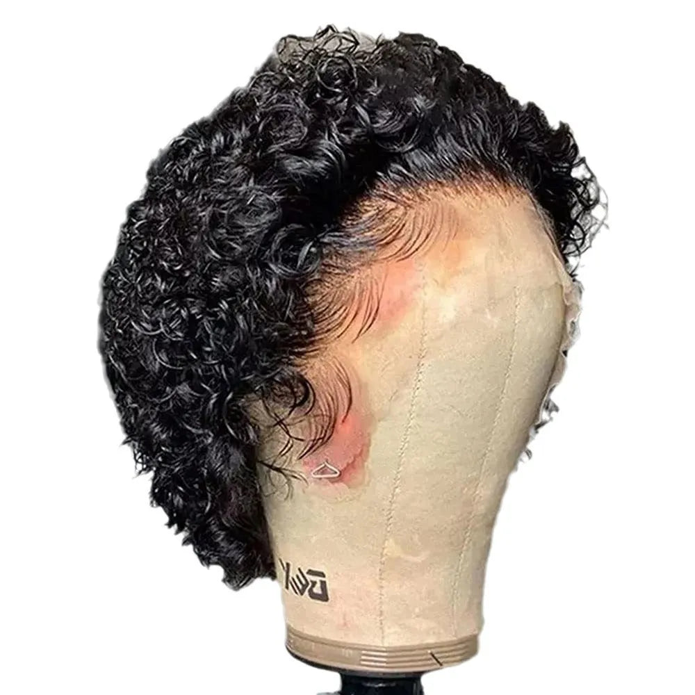Black lace front human hair cover with pre-plucked hairline in a short pixie cut style.