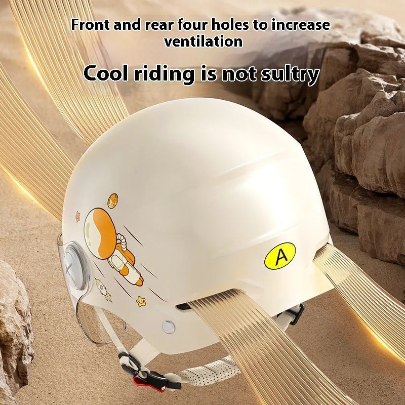 Khaki coloured open-face motorcycle half helmet with a mirrored sun protection lens on a handlebar.