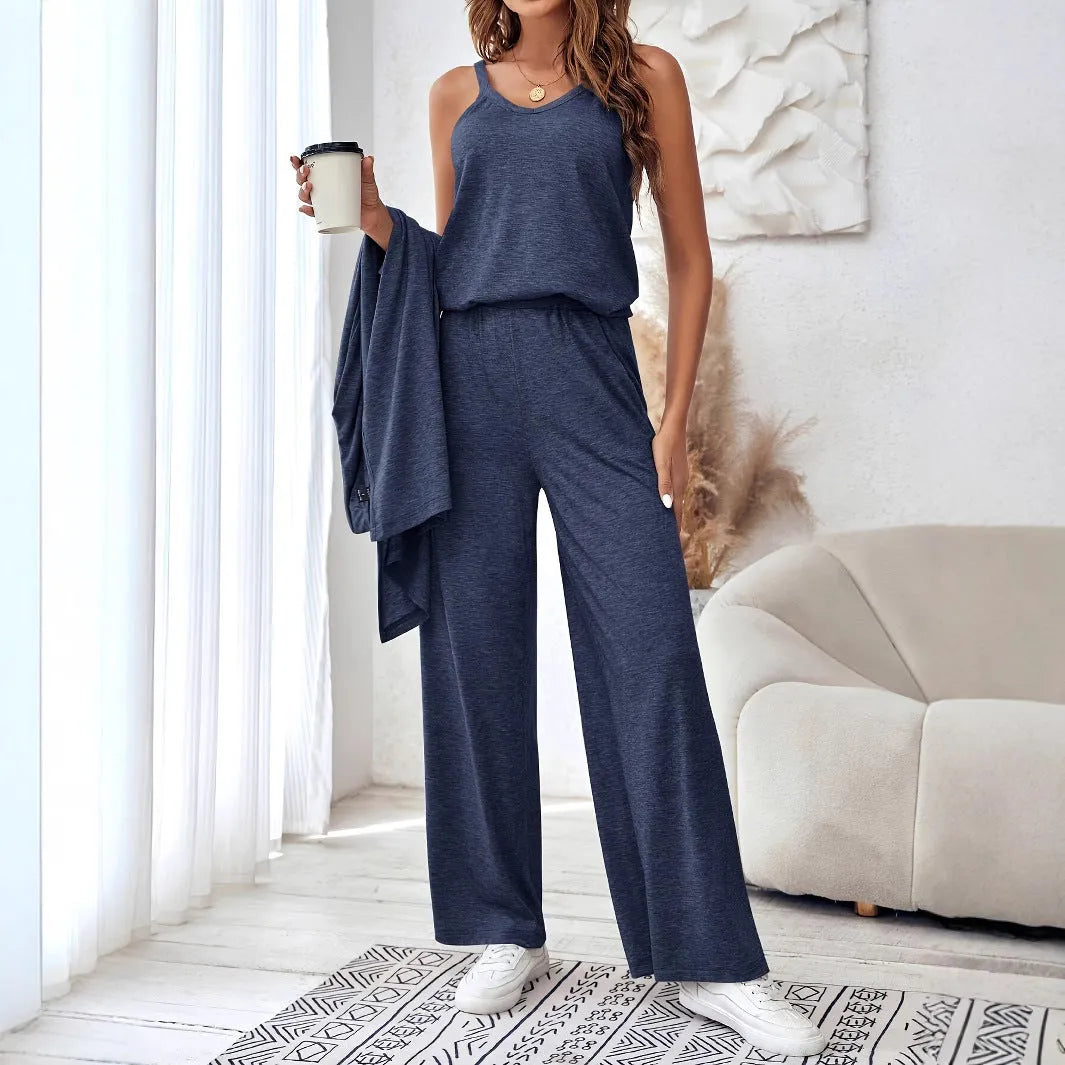 Women's blue polyester trouser suit set with sling top, cardigan, and trousers in Japanese Korean style