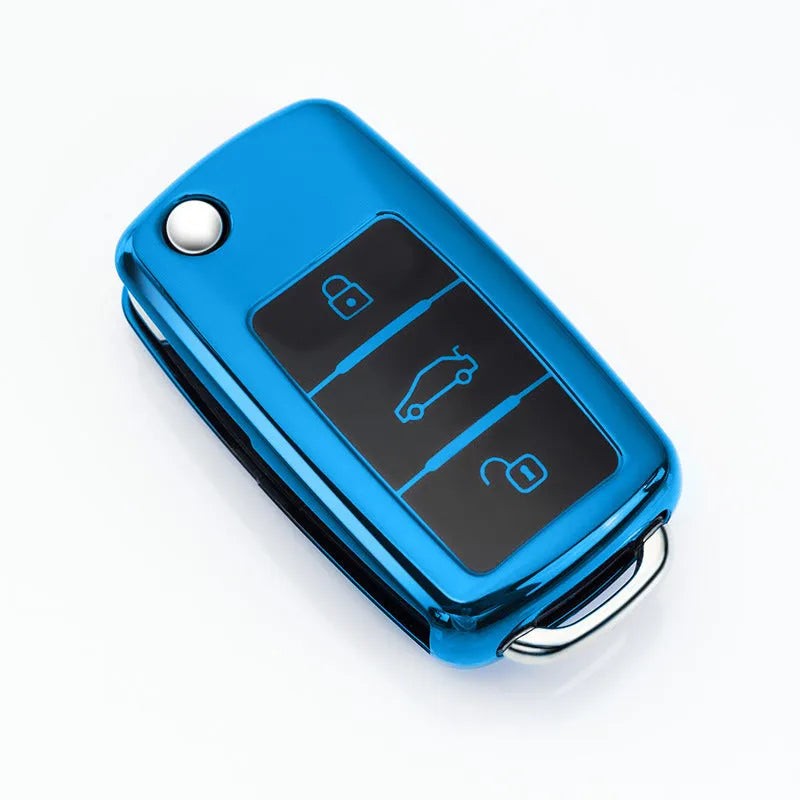TPU protective case for a Volkswagen Model A car key fob with folding key blade, shown in Gem Blue colour.