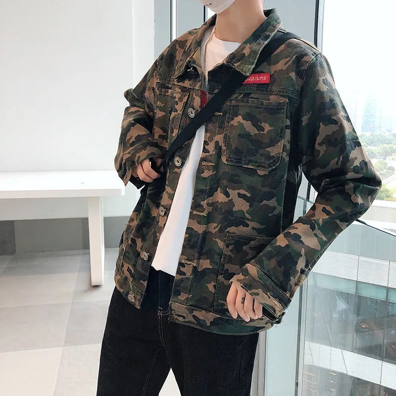 Men's camouflage denim jacket made from cotton cowboy fabric, front view, available in sizes M to 5XL