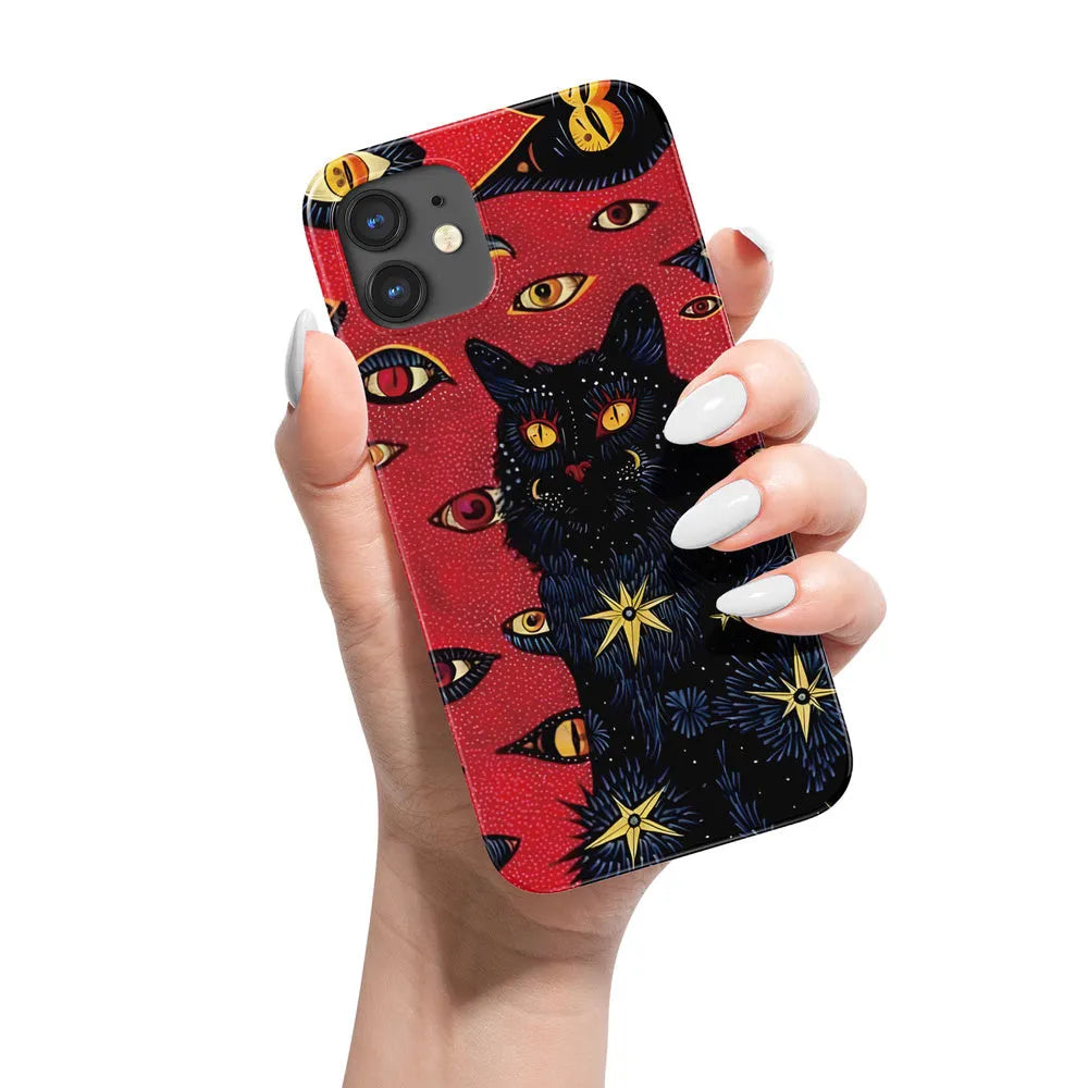 Retro cat eye design hard shell phone case for iPhone, shown in frosted and glossy finish options.