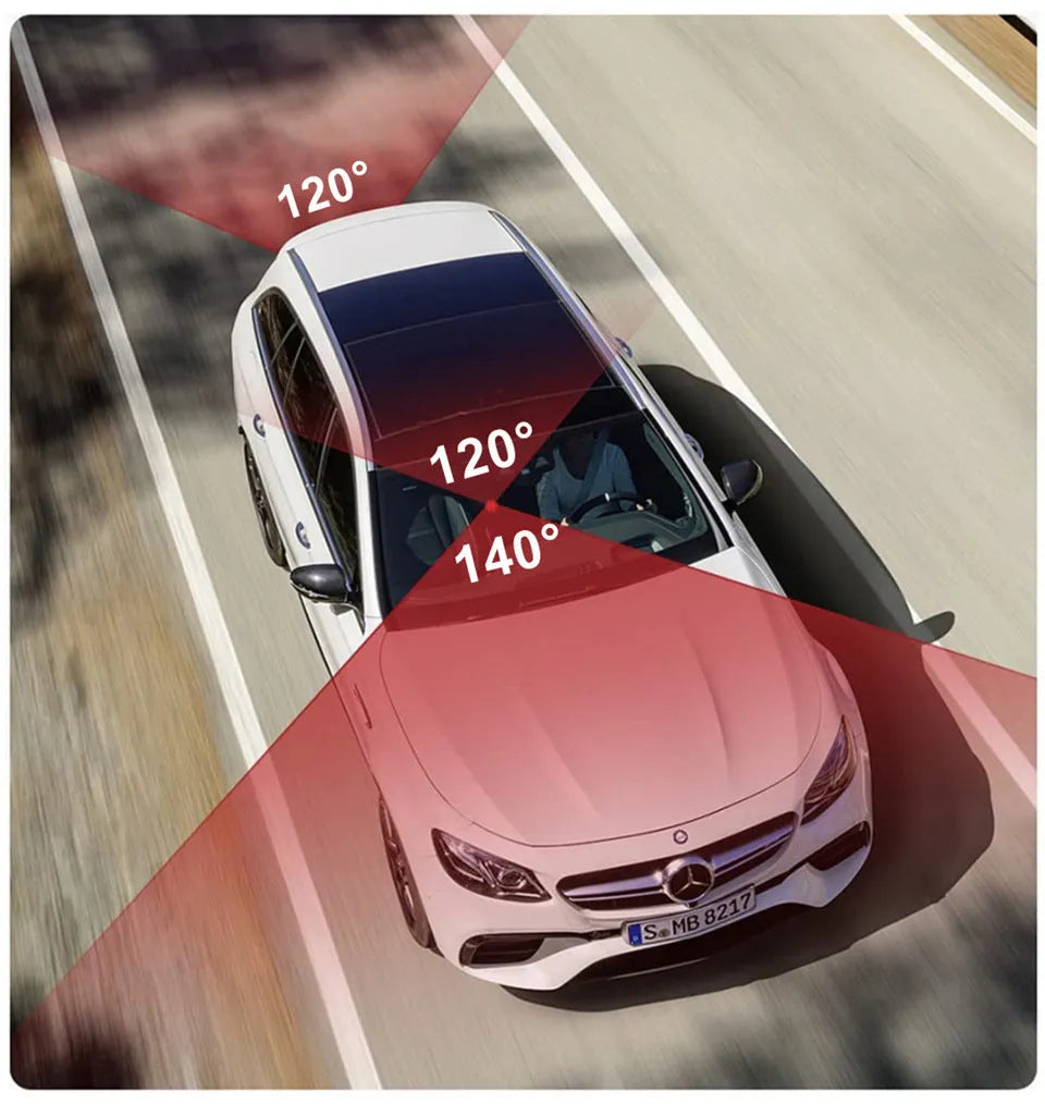 Black triple-lens HD 1080P car dash camera with touch screen
