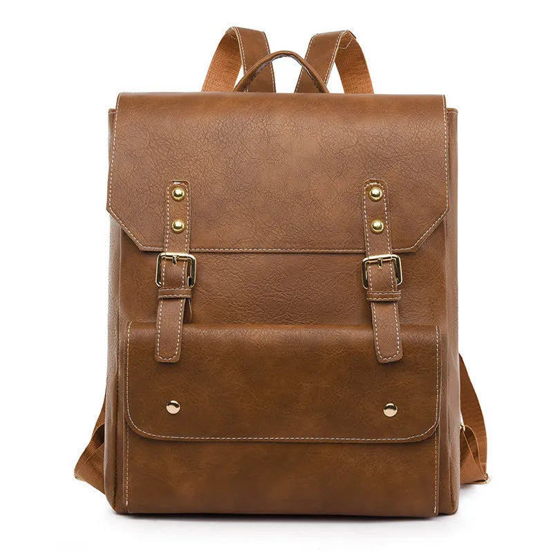 Korean style soft PU retro backpack shown in dark brown colour
