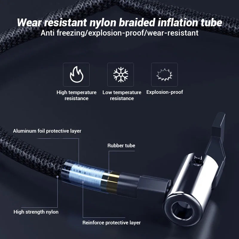 Compact wireless digital display tyre inflator pump with hose and nozzles.