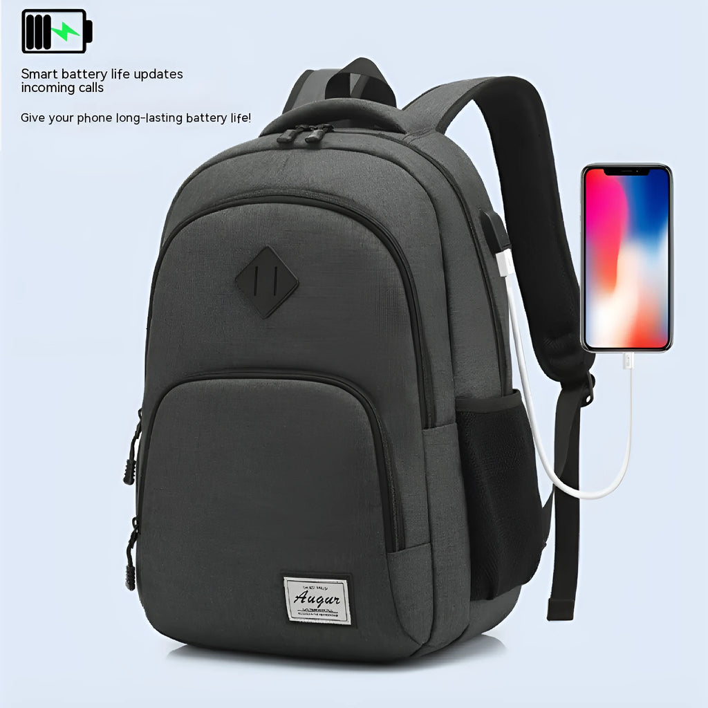 Light grey nylon backpack with USB charging port showing dimensions and trolley case attachment