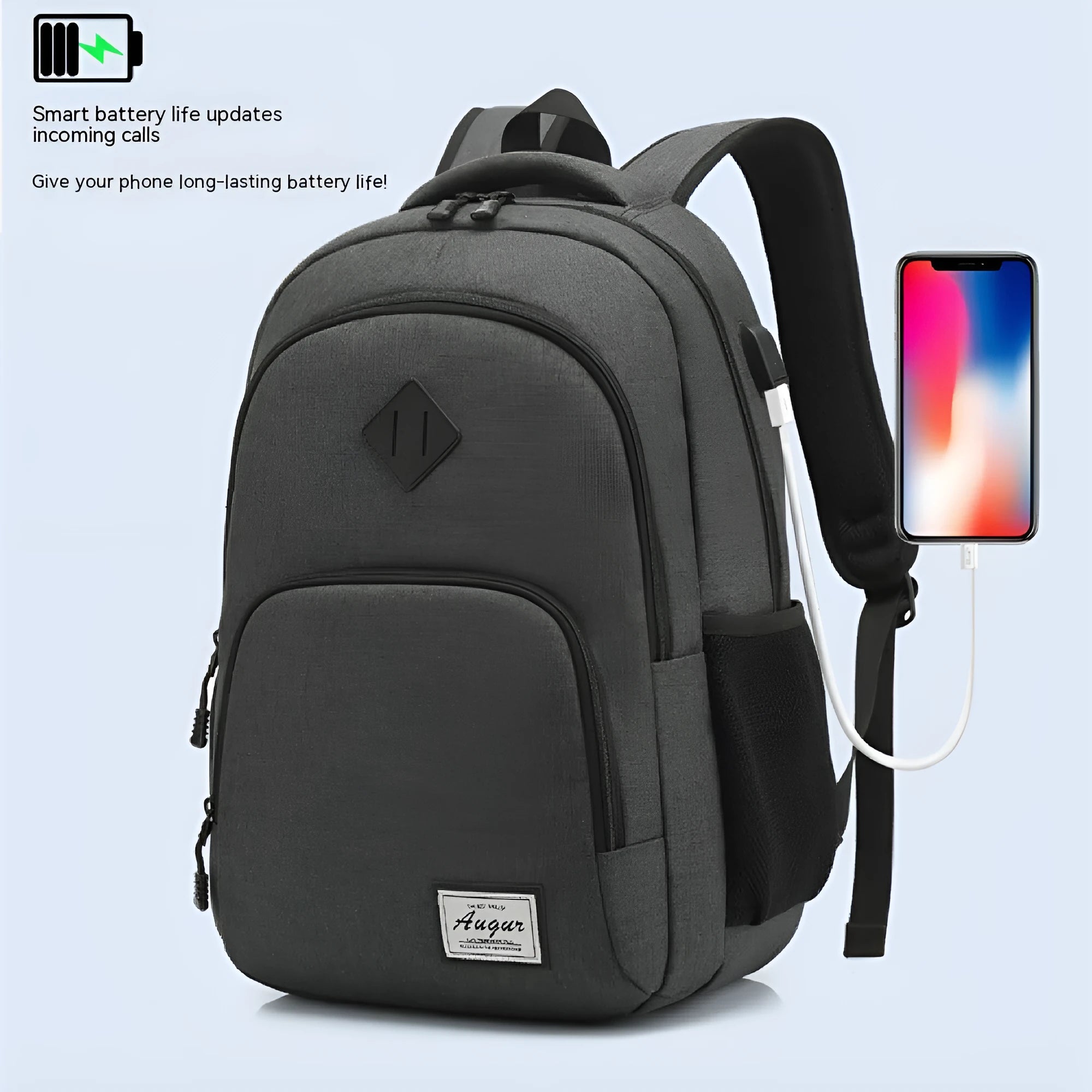 Light grey nylon backpack with USB charging port showing dimensions and trolley case attachment
