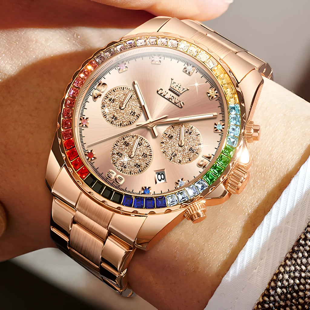 Multi-functional three-eye quartz men's watch with stainless steel strap and rose gold face on white background
