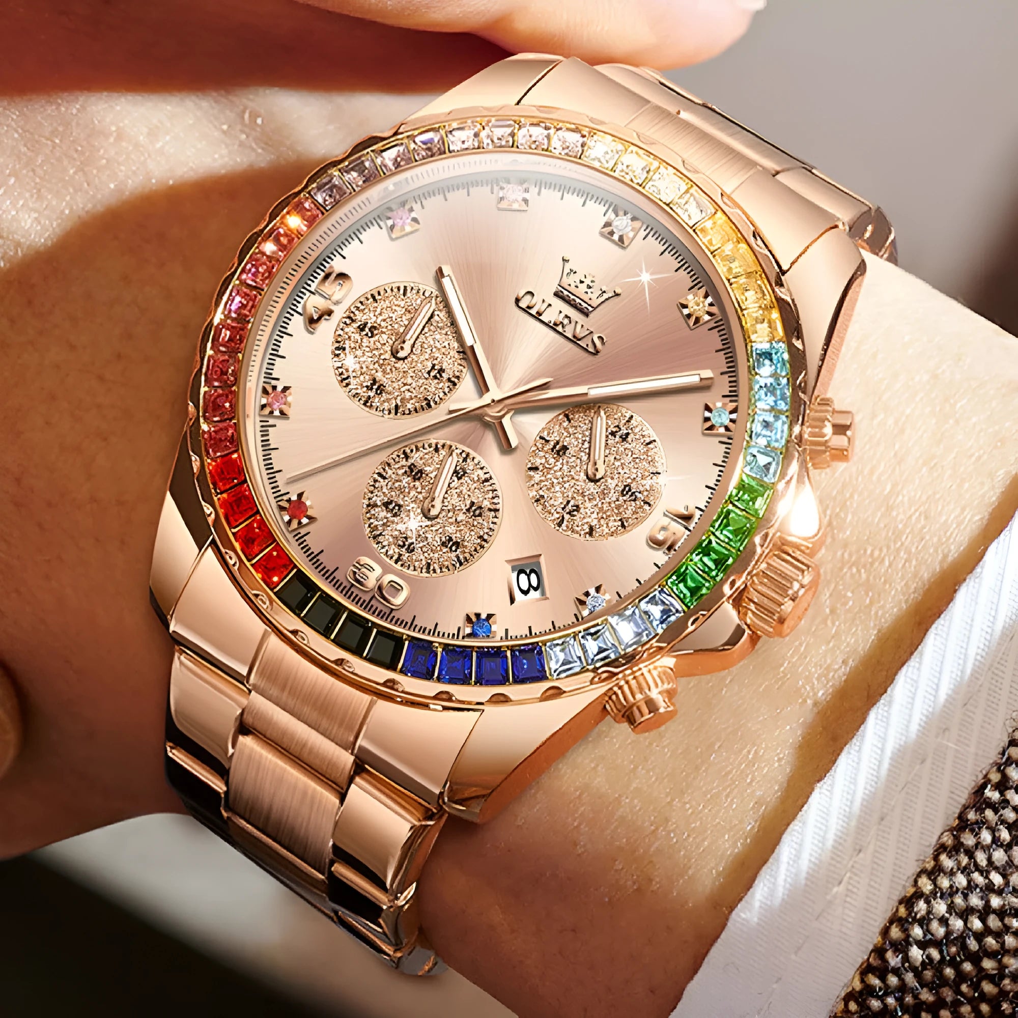 Multi-functional three-eye quartz men's watch with stainless steel strap and rose gold face on white background