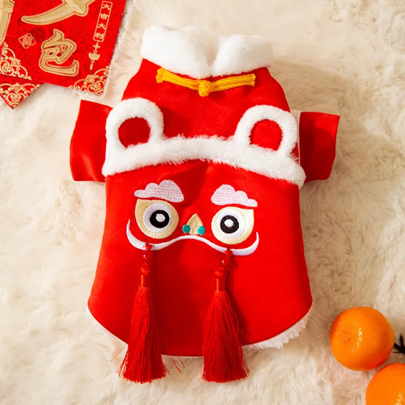 Lion Dance pet Tang suit cotton-padded red top with embroidery and festive tassels for dogs