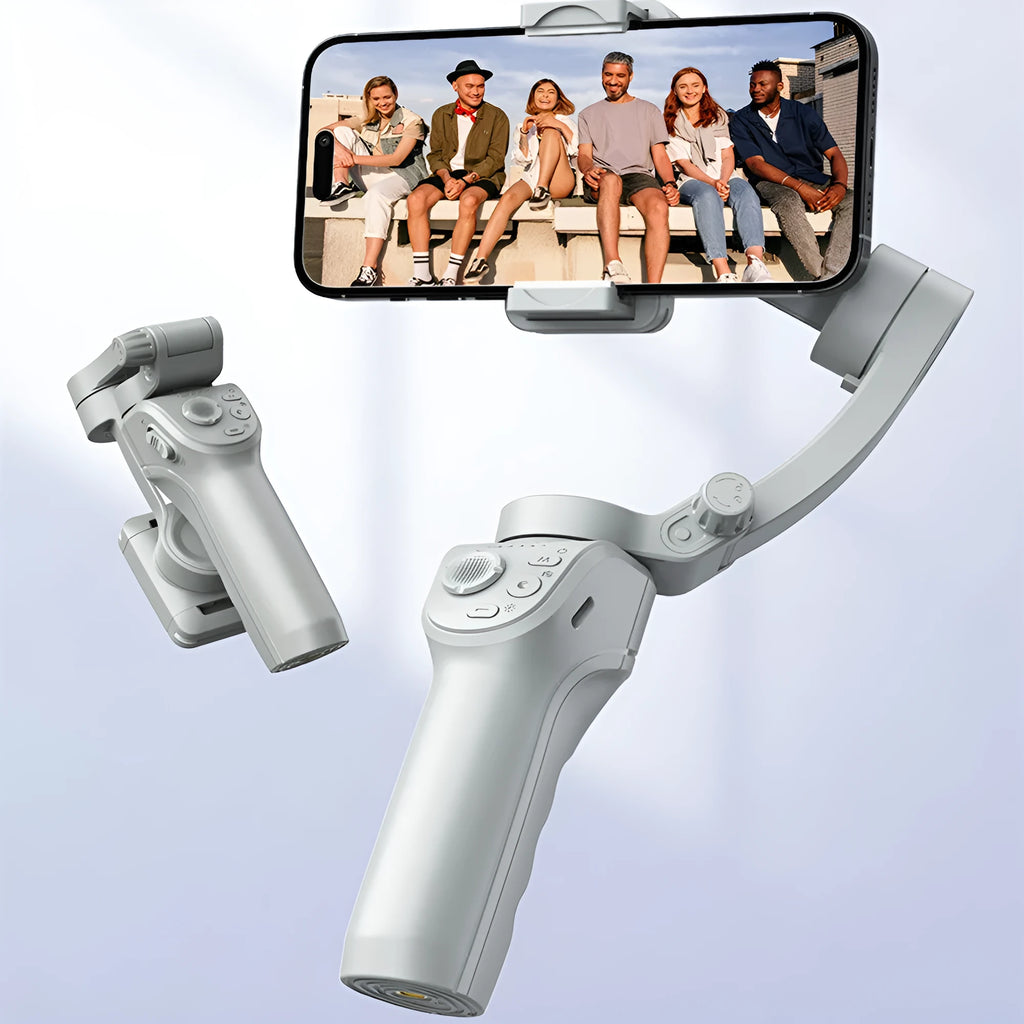 Grey hand-held three-axis anti-shake stabiliser with AI face tracking and fill light for short video shooting