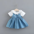 Summer solid blue cotton princess dress for girls with rabbit ears and denim fake two-piece design