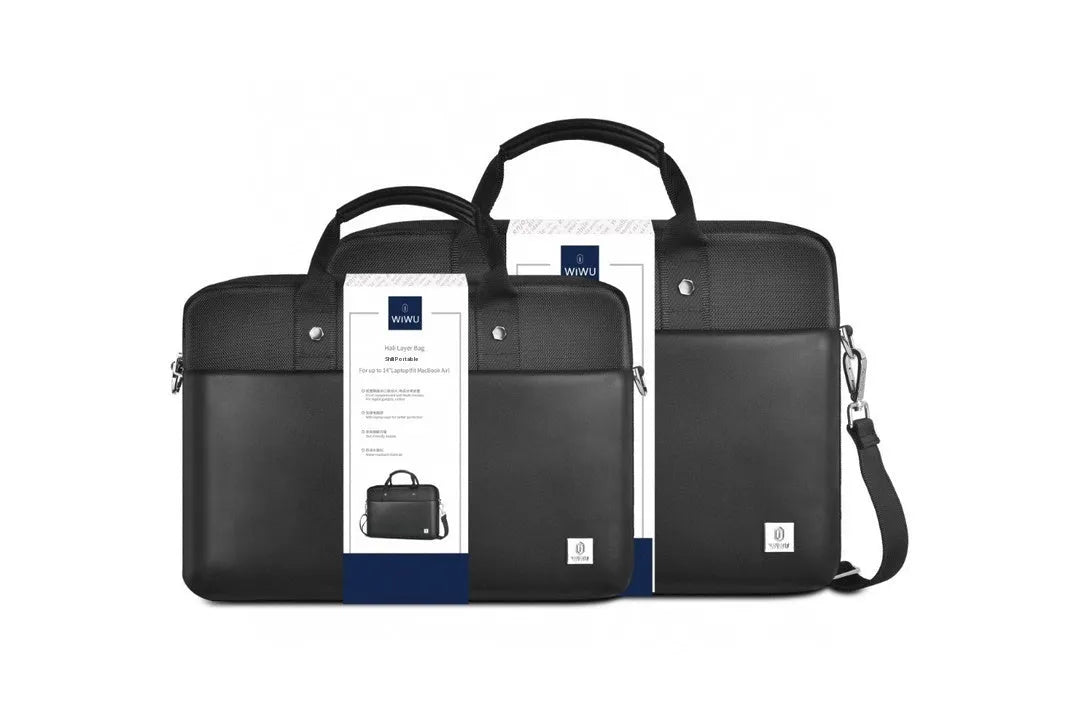 Black Oxford cloth laptop handbag with multiple compartments and a lock, shown in 14-inch and 15.6-inch sizes.