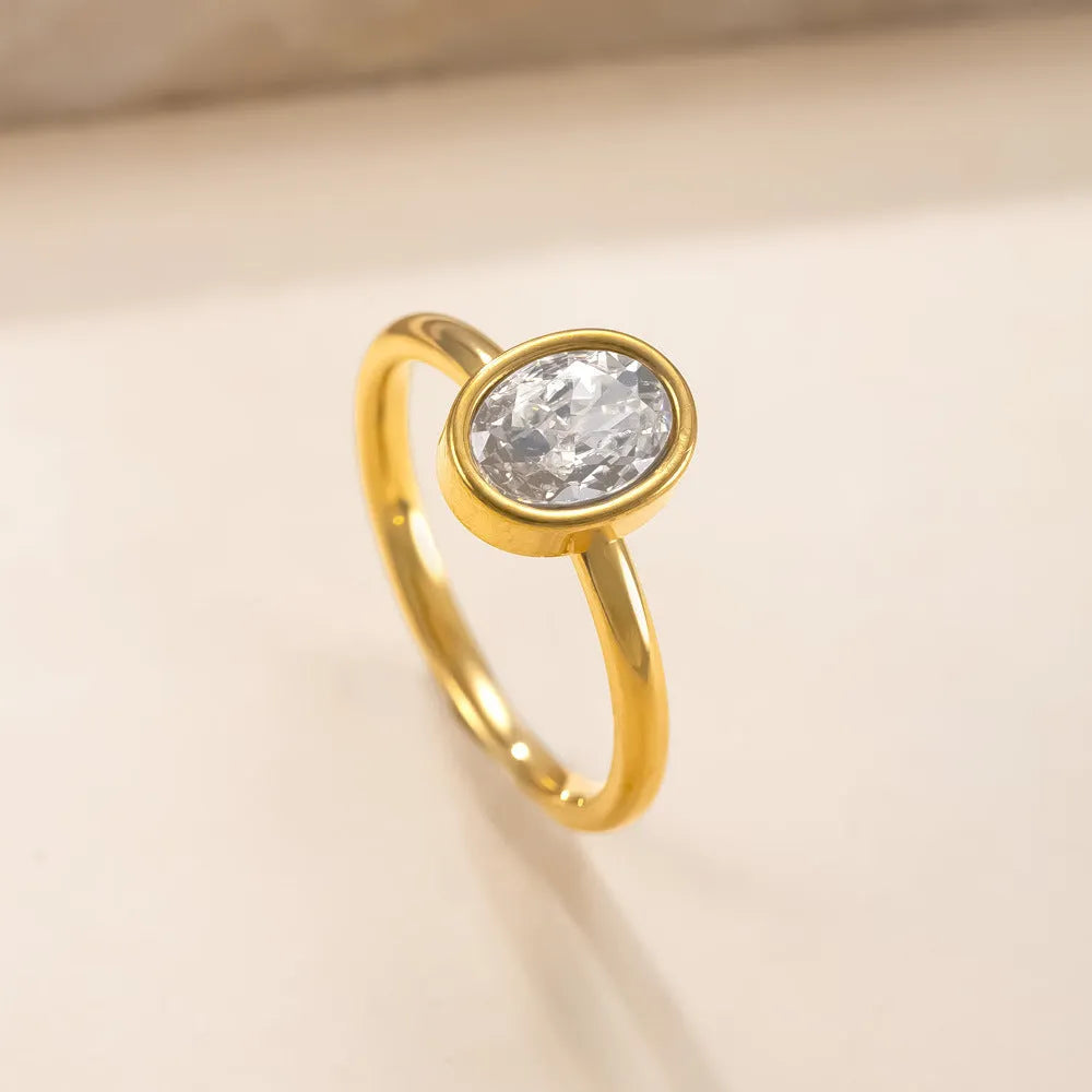 Stainless steel oval zircon ring with electroplated finish, available in steel, gold, or white gold, sizes No 6 to No 10