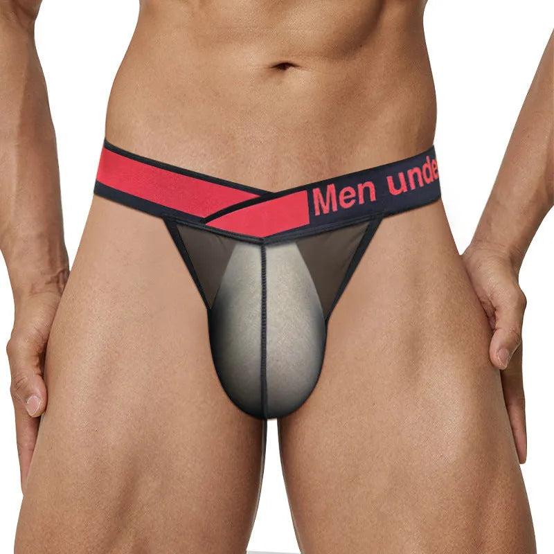 Men's transparent ice silk briefs in red, featuring a low waist and large V gradient design.