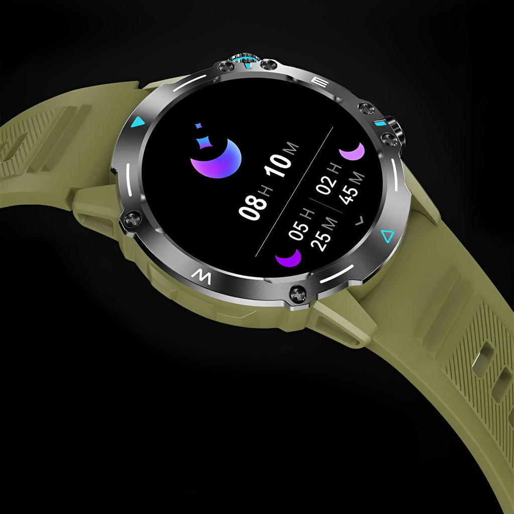 M42 Smart Watch in black on a wrist, showing a large screen with health stats.