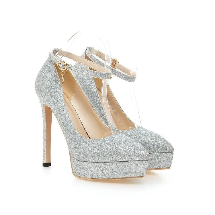 Women's waterproof platform stilettos in black with ankle bandage buckle and 13cm heel