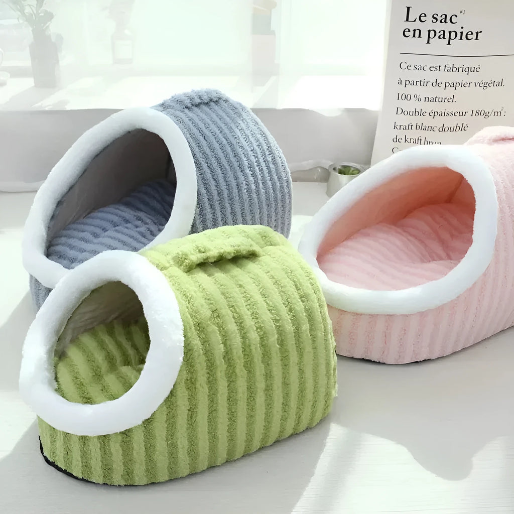 Striped dog bed with removable sponge mattress in blue, green, pink or yellow colour options