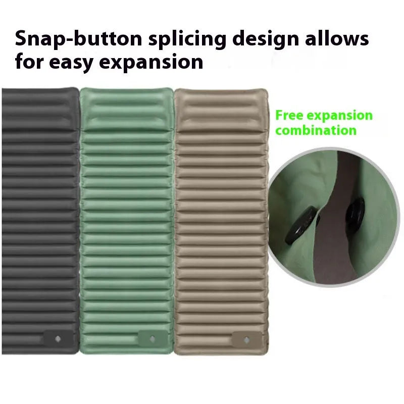 Portable inflatable camping mattress in grey colour options showing expanded size of 195cm length