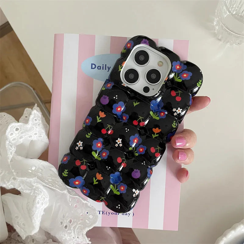 Retro cherry floral plaid TPU phone case for iPhone on black background