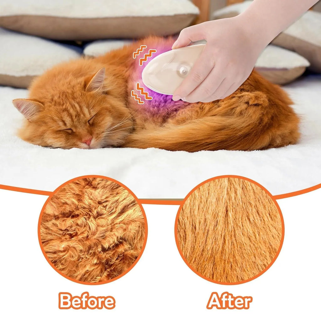 Yellow rechargeable cat steam brush with silicone teeth, water tank, and UV lamp for pet grooming.