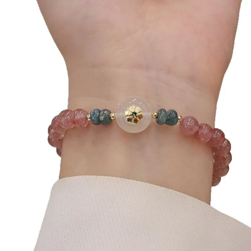 Women's strawberry quartz blue water emerald jade bracelet with geometric design and Ruyi peace buckle closure
