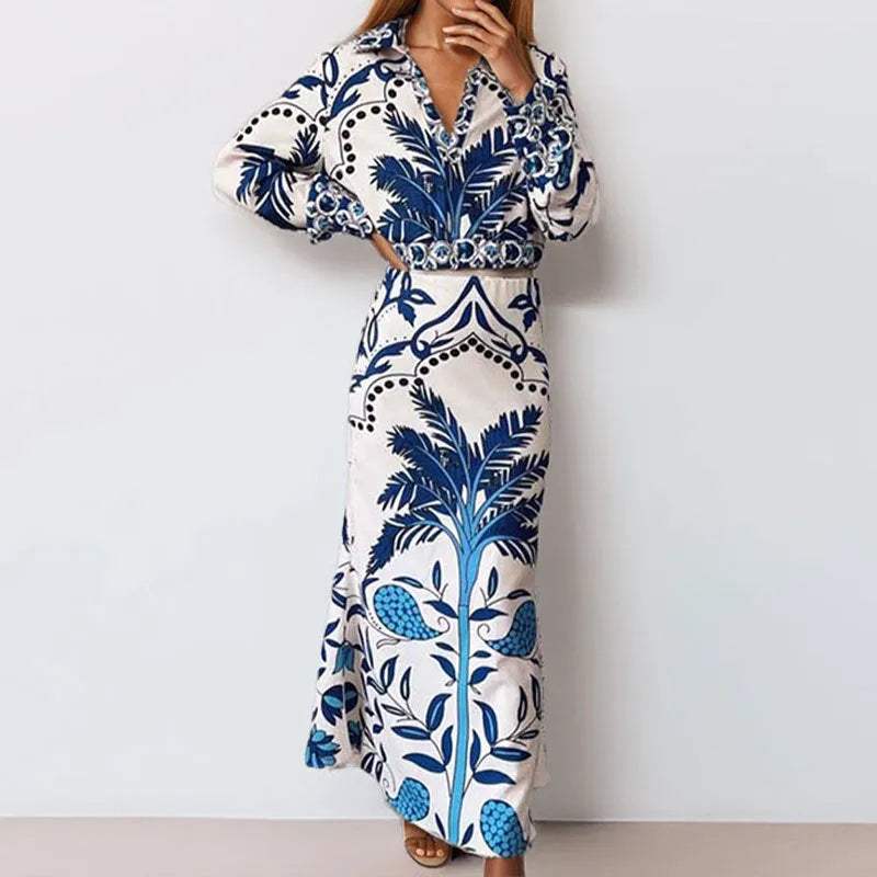 Women's floral print casual set with long sleeve top and long skirt on hanger