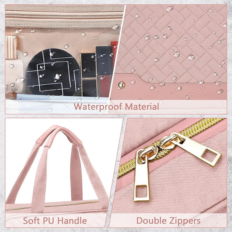 Black hanging waterproof cosmetic bag with clear compartments for toiletries