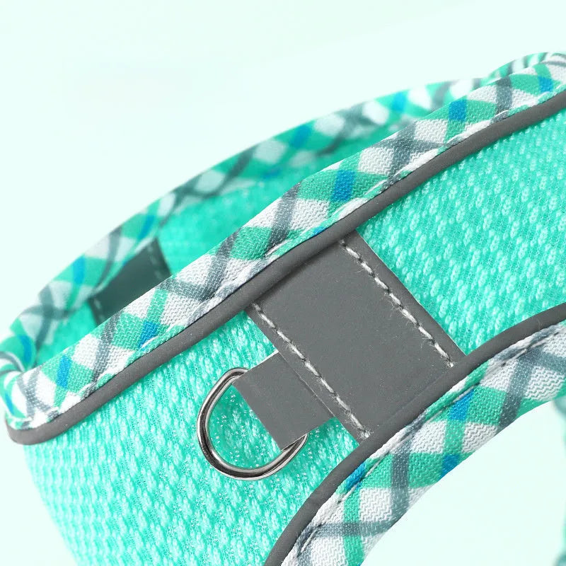 Step-in dog harness with leash in breathable mesh with reflective trim