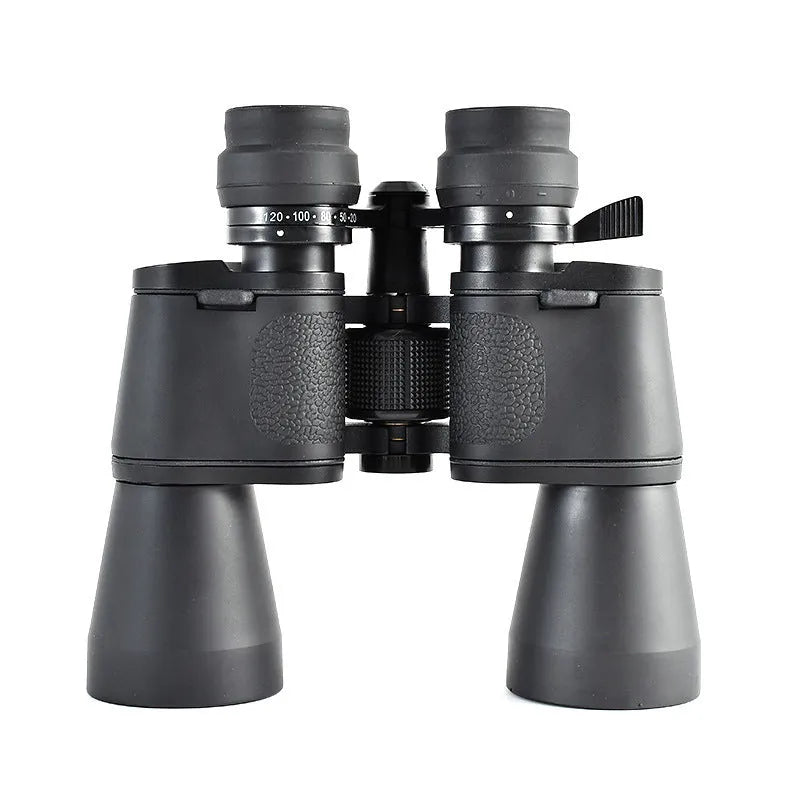 A set of black outdoor binoculars with large 100mm objective lenses and a continuous zoom control for 20-120x magnification.