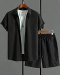 Men's jacquard short sleeve suit with matching shorts in solid colour options