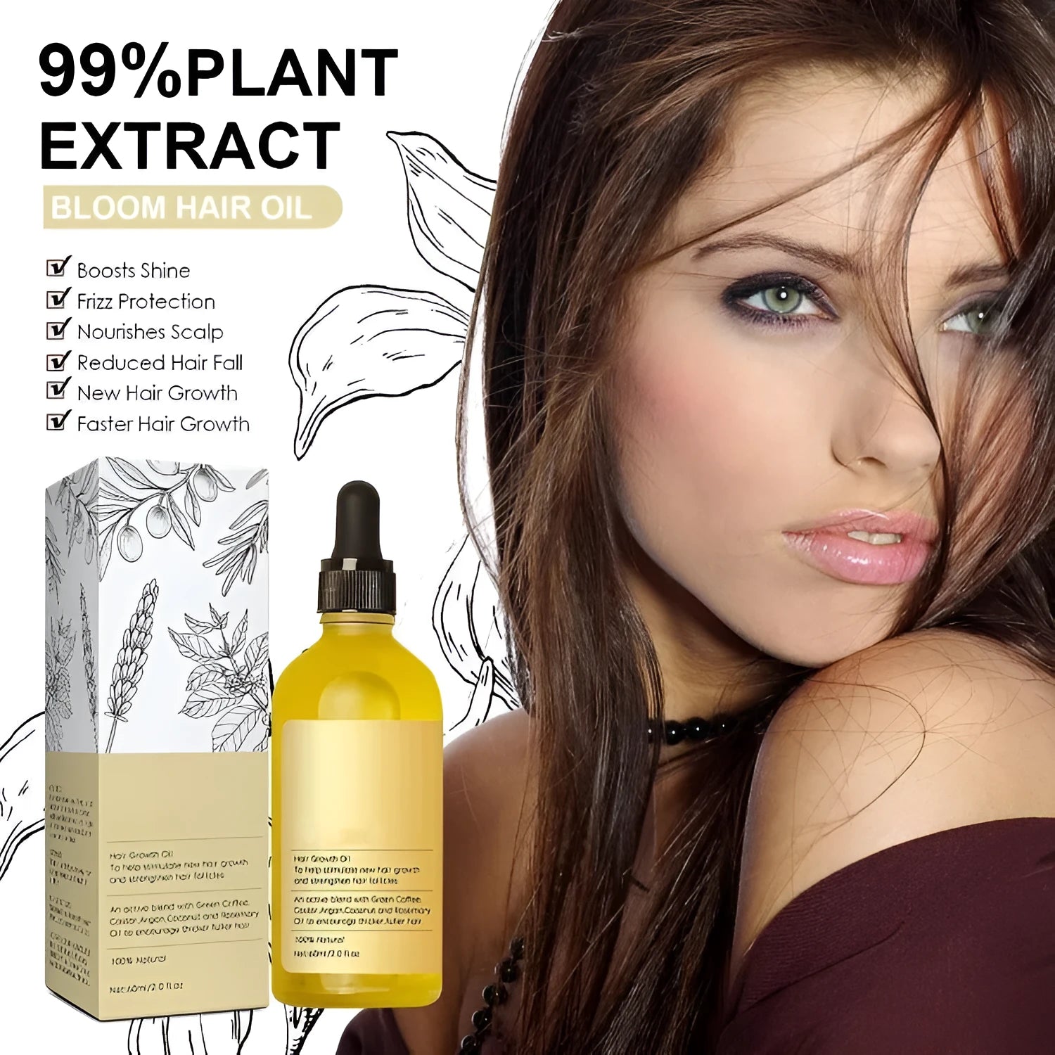 Yellow rosemary essential hair oil in a 60ml bottle for damaged and frizzy hair care.