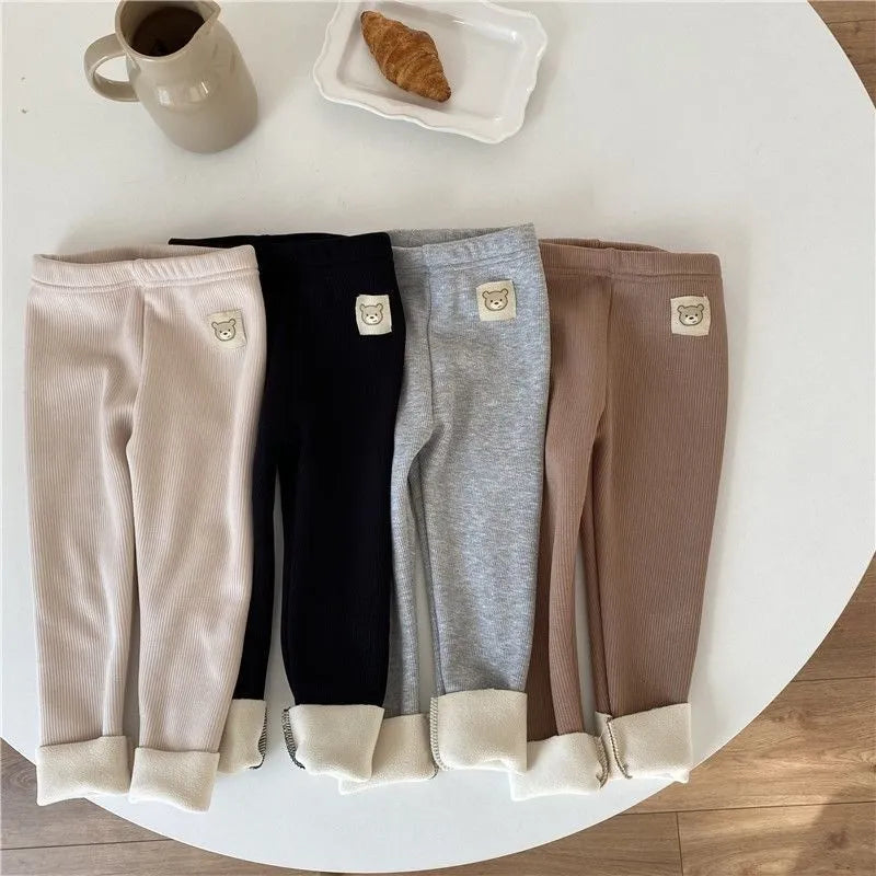 Girls' single-layer fleece-lined leggings with wool lining in beige, high waist design with hair band belt