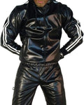 Men's black hooded PU leather sports set with jacket and trousers for autumn athletic wear